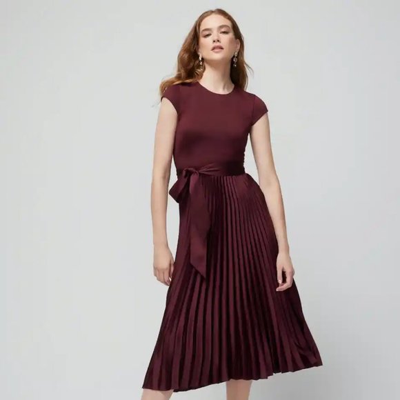 WHBM $180 Scuba Knit & Satin Pleated Dress Burgundy Port 10, 12, 14 - Picture 1 of 5
